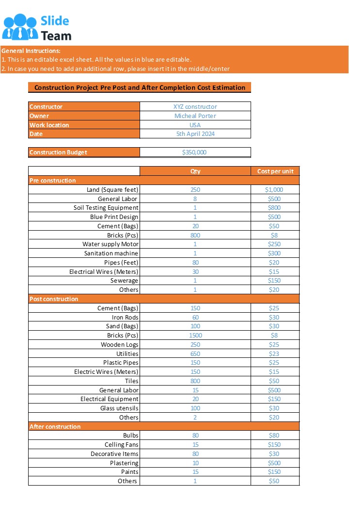 Construction Project Cost Estimate Excel Spreadsheet Worksheet Xlcsv XL Bundle V Analytical Unique