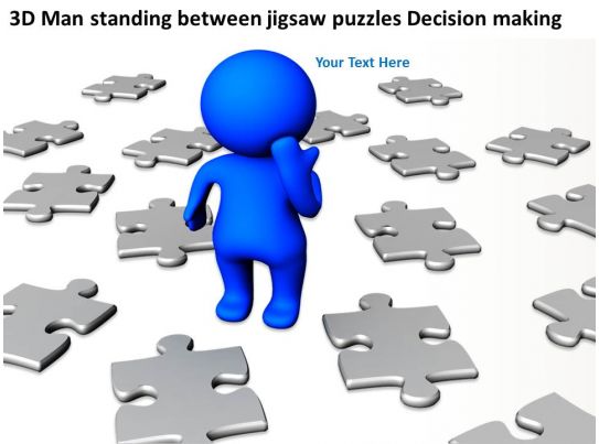 3D Man standing between jigsaw puzzles Decision making Ppt 