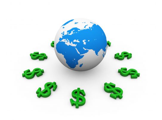Green Dollar Signs Around Globe For International Economy 