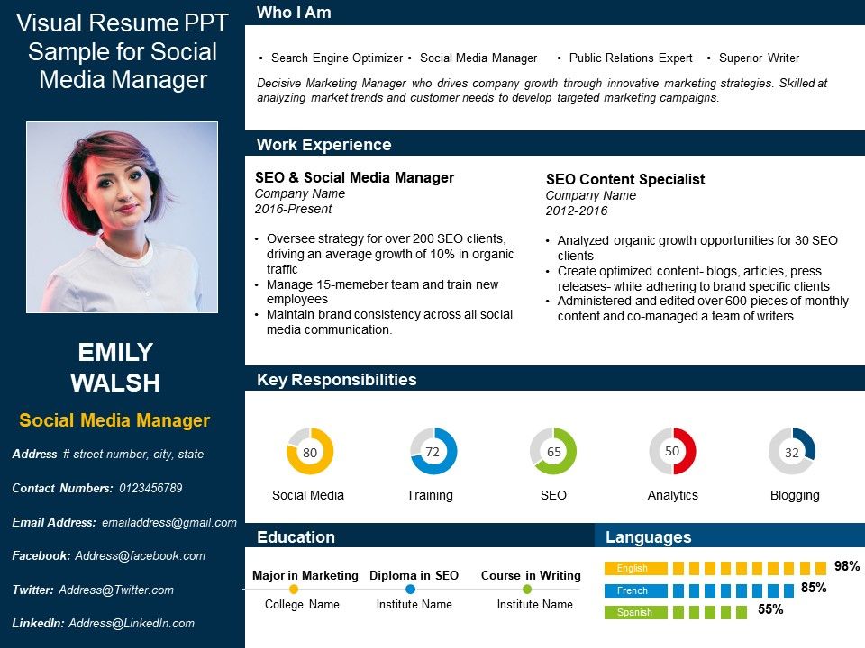 visual resume ppt sample for social media manager