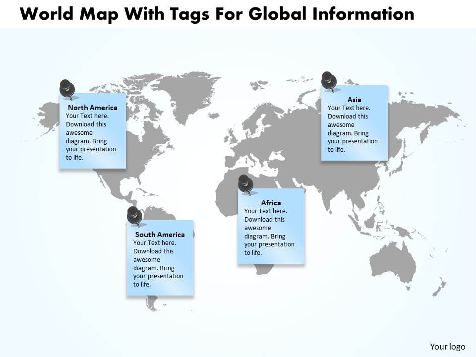 World Map With Tags For Global Information Ppt