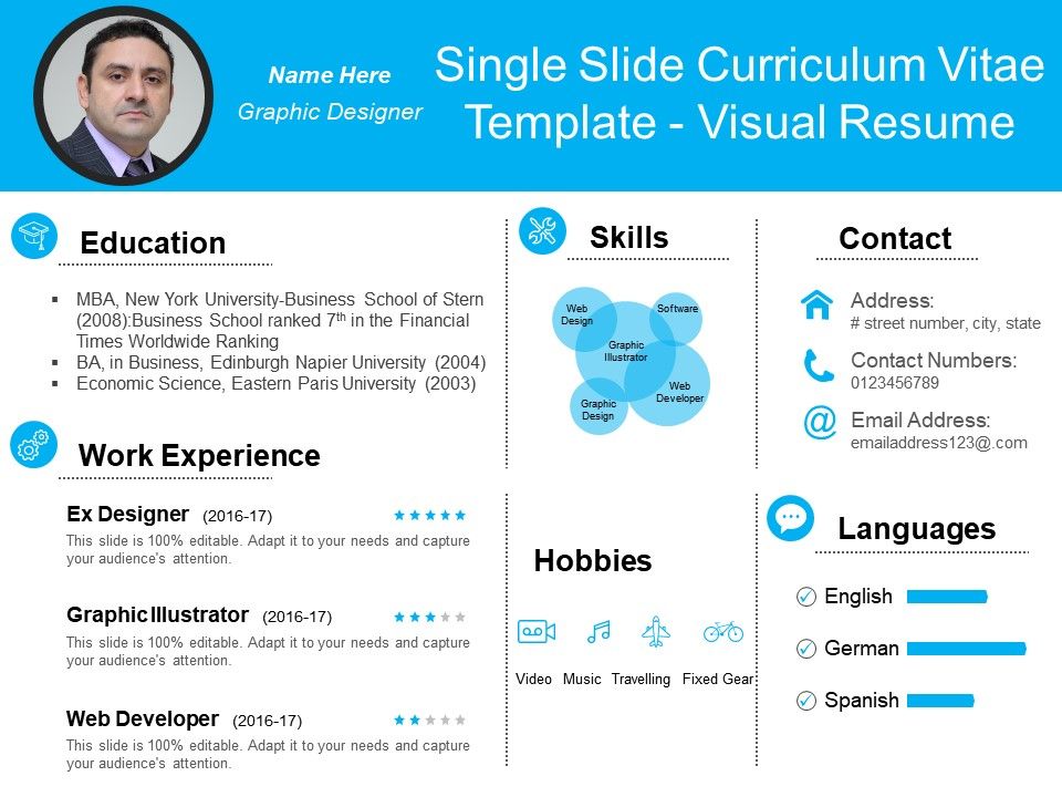 single slide curriculum vitae template visual resume