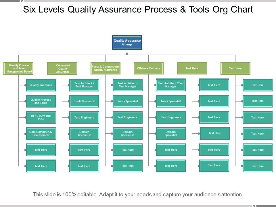 Six Levels Quality Assurance Process And Tools Org Chart | PowerPoint ...
