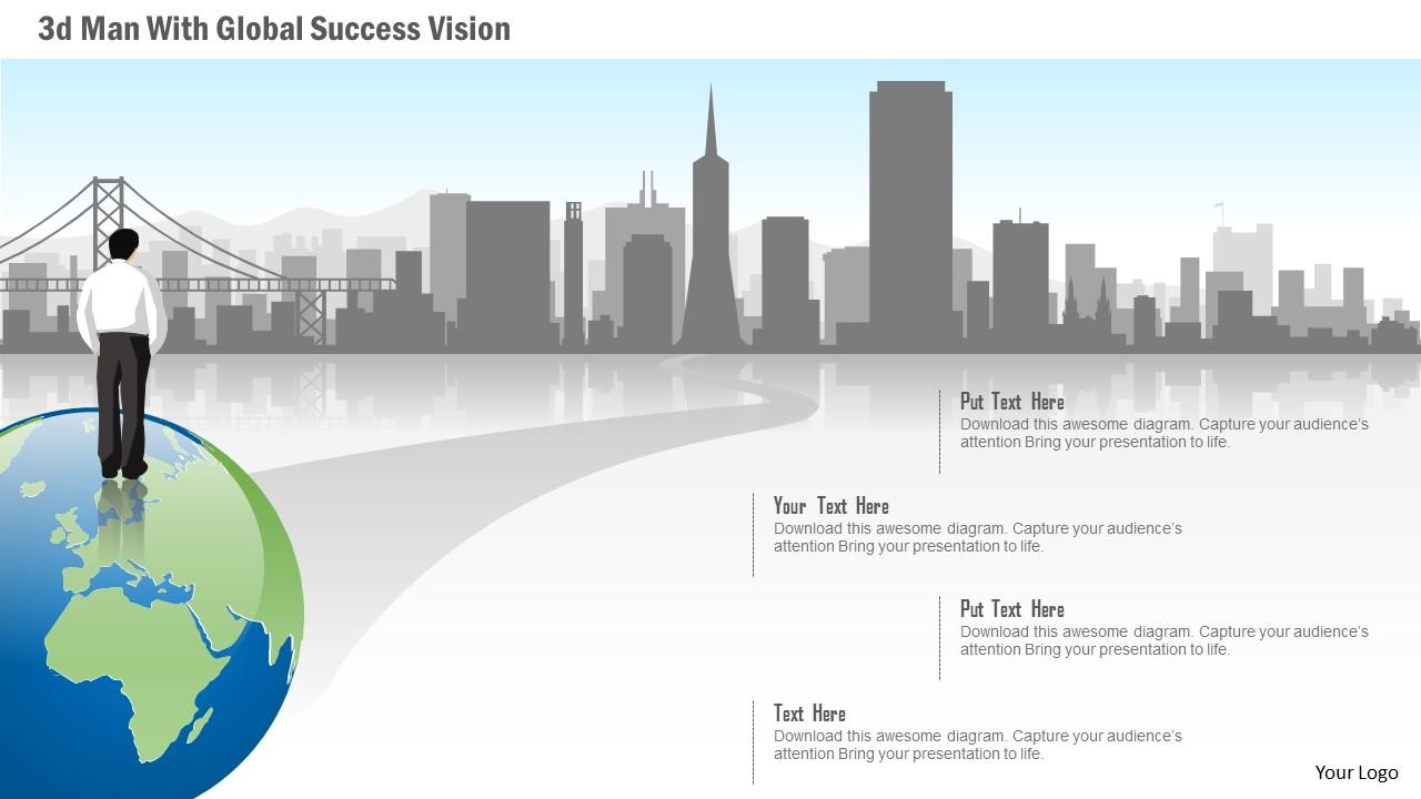 0115 3d man with global success vision powerpoint template Slide01