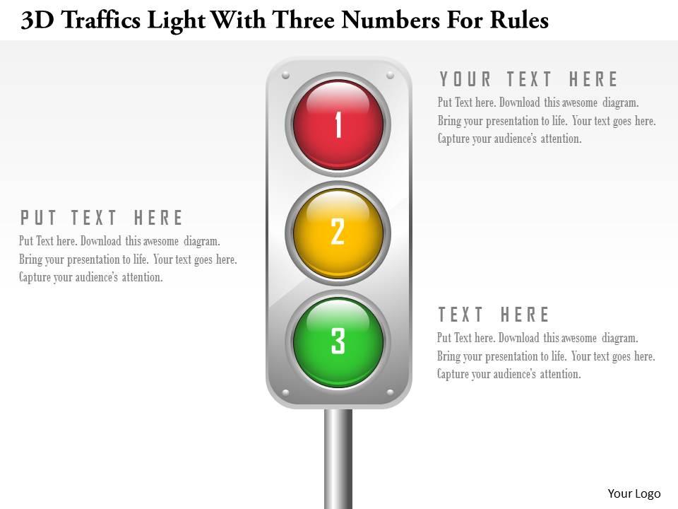 0115 3d traffics light with three numbers for rules powerpoint template Slide01