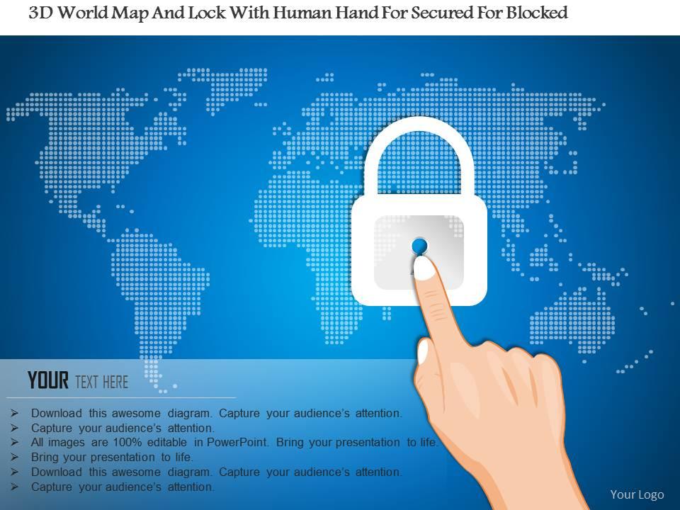 0115 3d world map and lock with human hand for secured or blocked powerpoint template Slide01