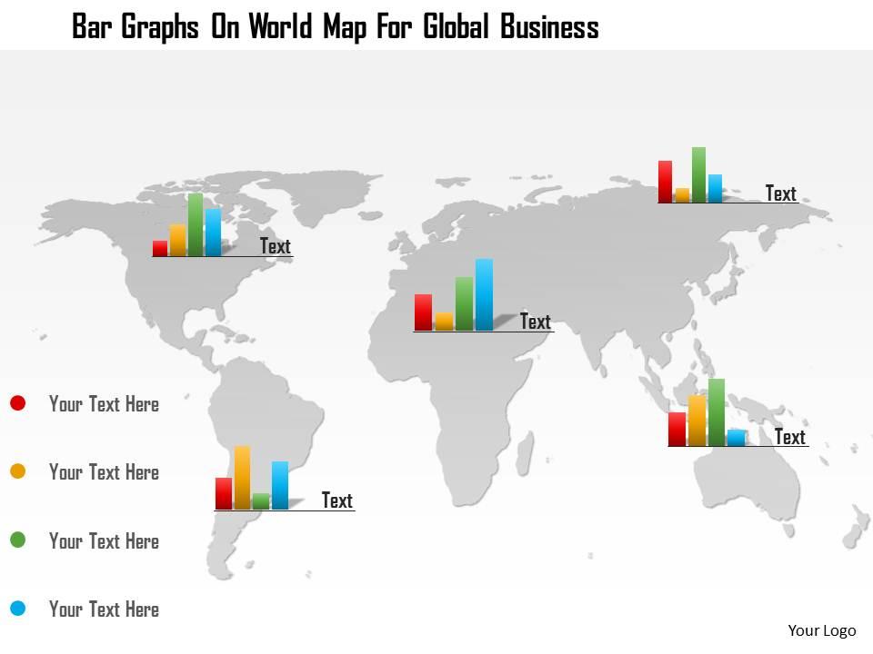 0115 bar graphs on world map for global business powerpoint template Slide00