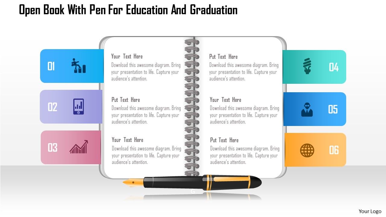 0115 open book with pen for education and graduation powerpoint template Slide01