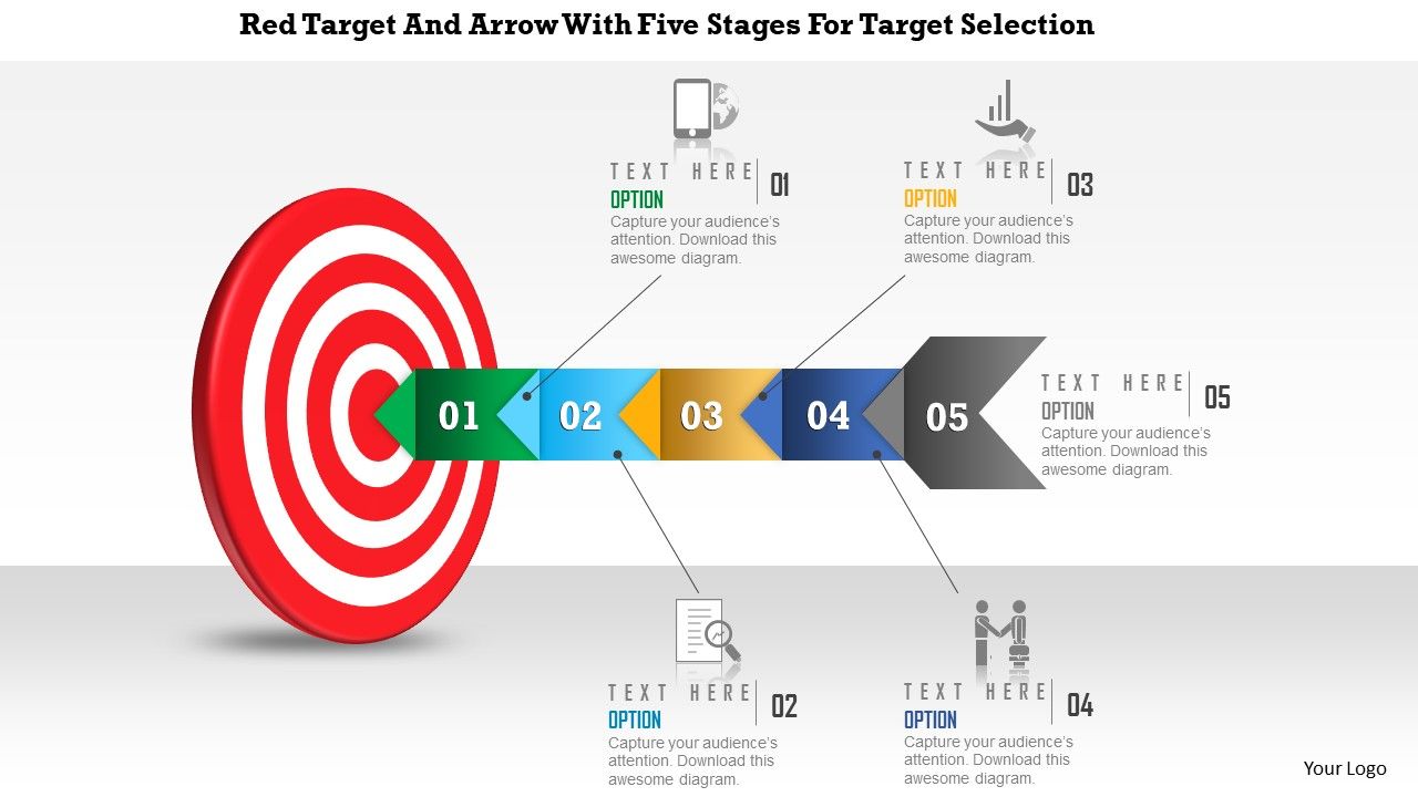 0115 red target and arrow with five stages for target selection powerpoint template Slide01
