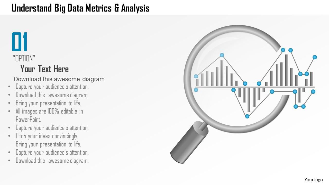 0115 understand big data metrics and analysis showing by magnifying glass ppt slide Slide01