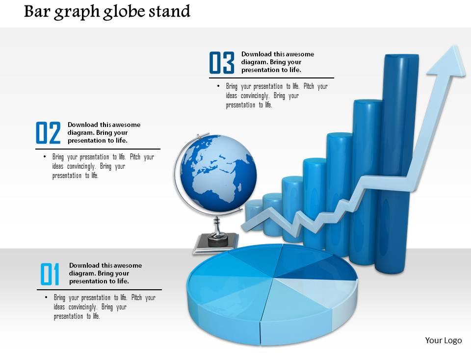 0814 bar graph with growth arrow and globe pie chart for business result analysis image graphics for powerpoint Slide01