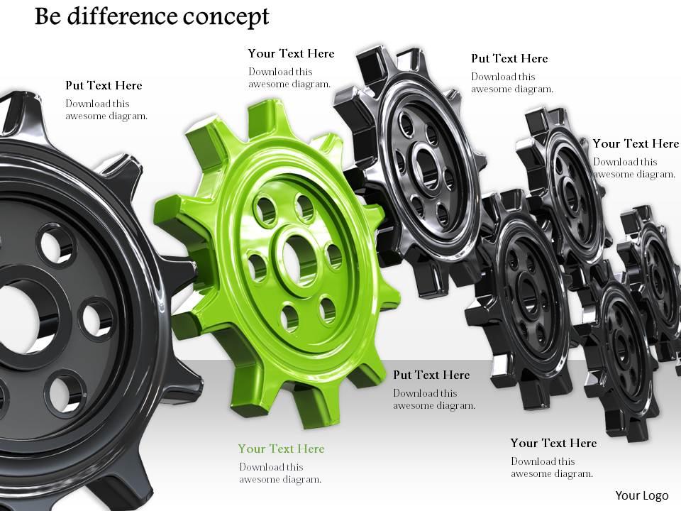 0814 be different concept shown by black gears and one green gear in the middle image graphics for powerpoint Slide01