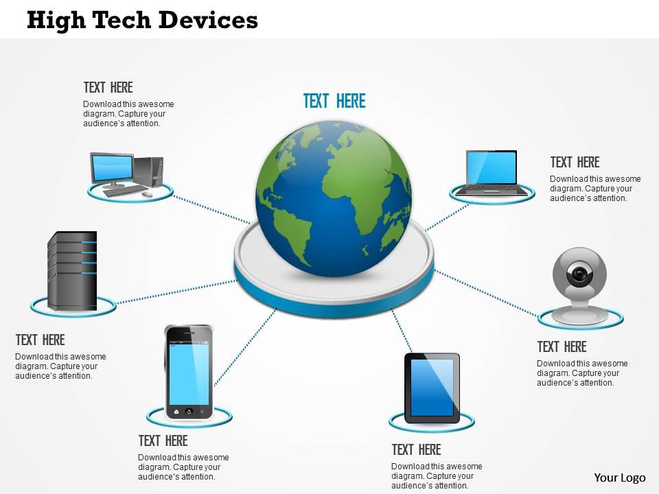 0814_high_tech_devices_laptop_tablet_phone_connected_to_centralized_data_center_with_globe_ppt_slides_Slide01