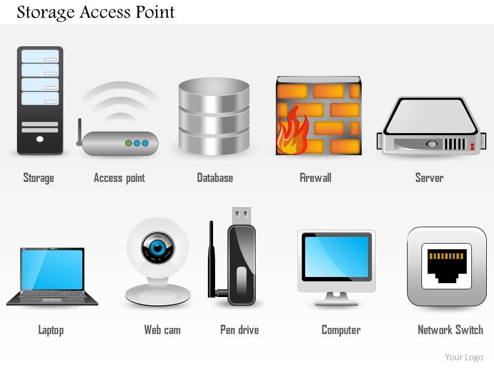 0814 storage access point ethernet port access point web cam pen drive icon ppt slides Slide01