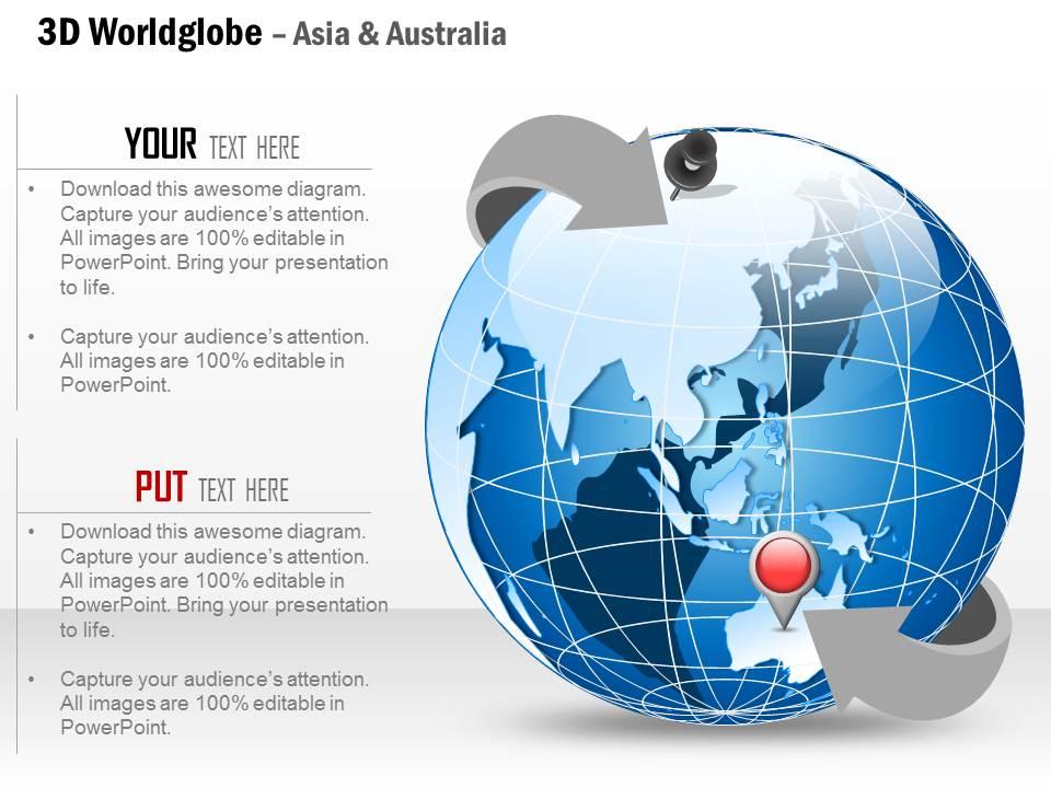 0914 business plan 3d world globe with location pins on asia and europe powerpoint presentation template Slide00