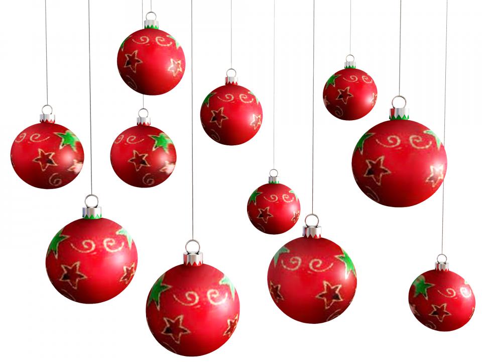 0914 red hanging christmas balls on white background stock photo Slide01
