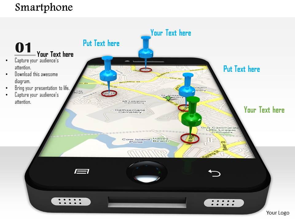 0914 smartphone location pins map ppt slide image graphics for powerpoint Slide01