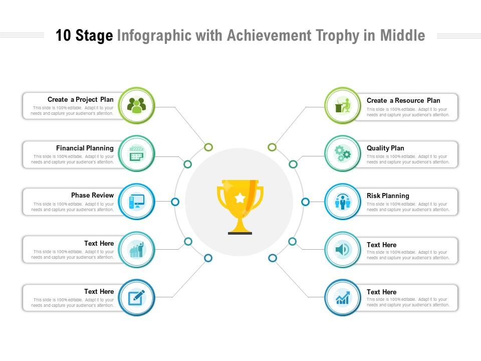 10 stage infographic with achievement trophy in middle Slide00