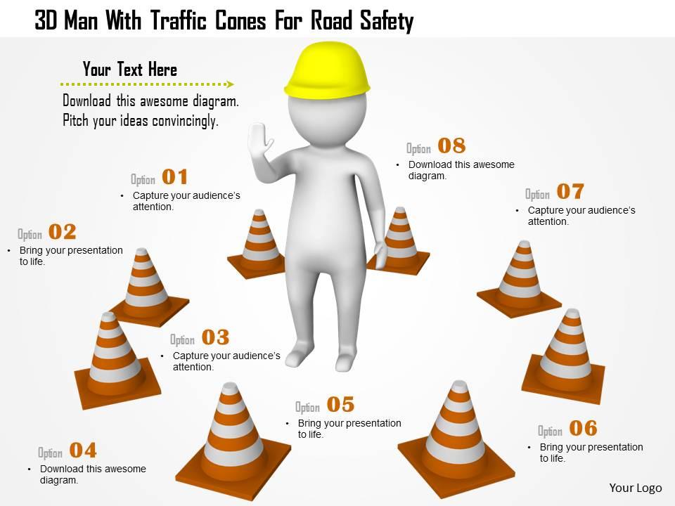 1114 3d man with traffic cones for raod safety ppt graphics icons Slide01