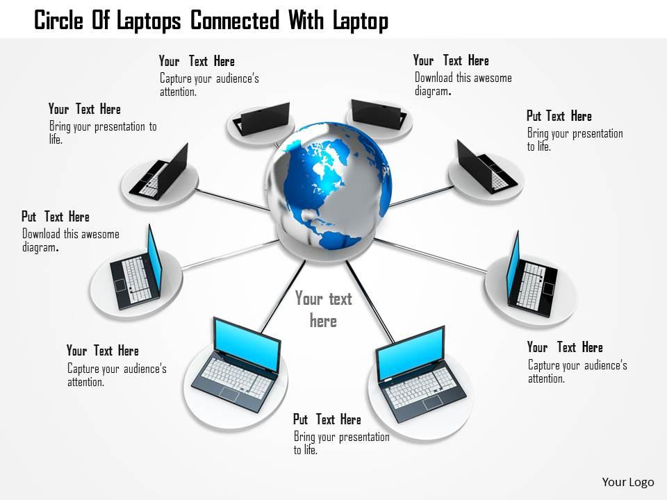 1114 circle of laptops connected with laptop image graphics for powerpoint Slide01