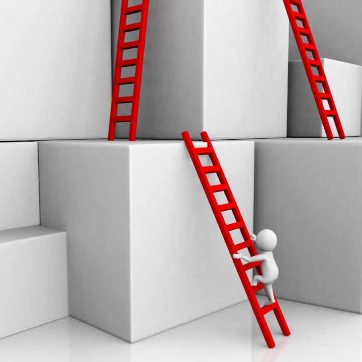 1114 three red ladders on cubes with 3d man climbing for success stock photo Slide01