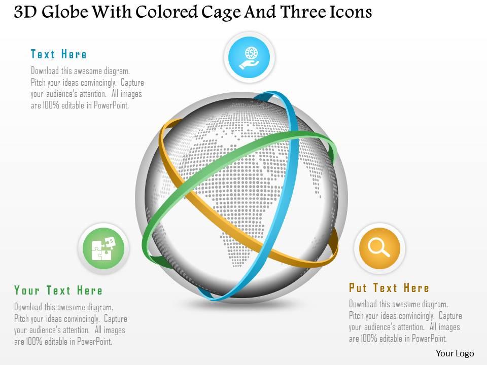 1214 3d globe with colored cage and three icons powerpoint template Slide01