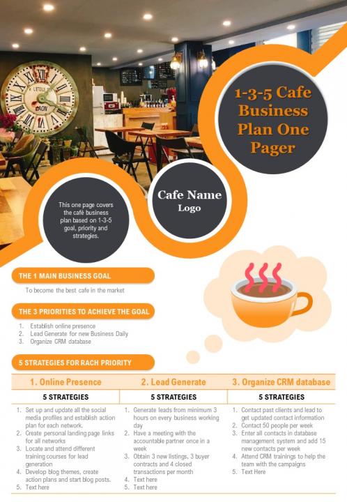 1 3 5 cafe business plan one pager presentation report infographic ppt pdf document Slide01