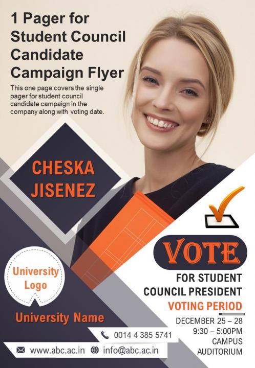 1 pager for student council candidate campaign flyer presentation report infographic ppt pdf document Slide01