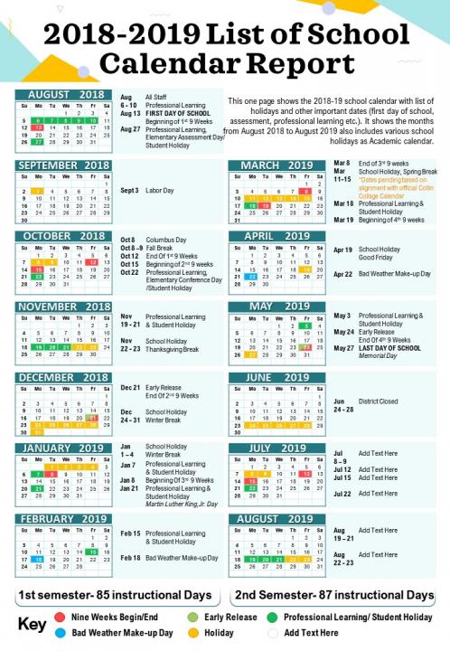 2018 2019 list of school calendar report presentation report infographic ppt pdf document Slide01