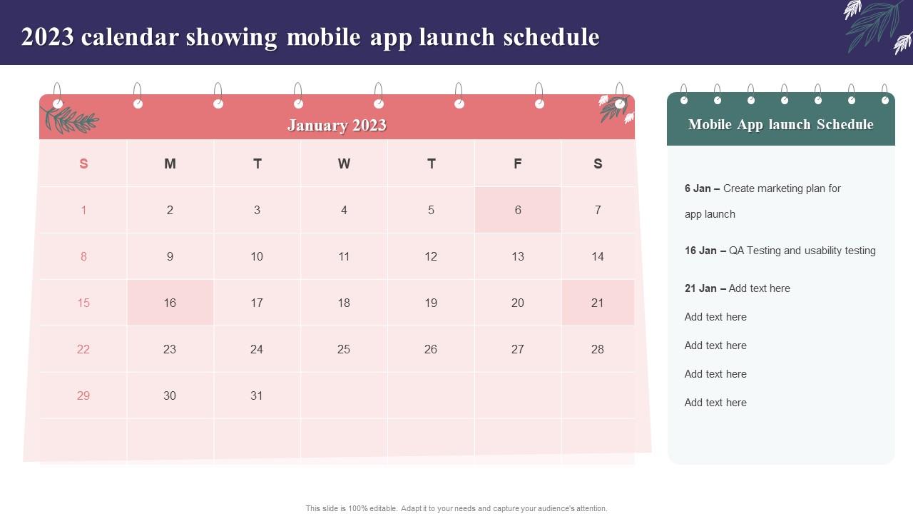 2023 Calendar Showing Mobile App Launch Schedule Slide01