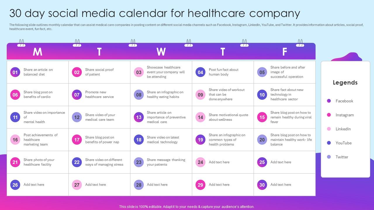 30 Day Social Media Calendar For Company Healthcare Marketing Ideas To