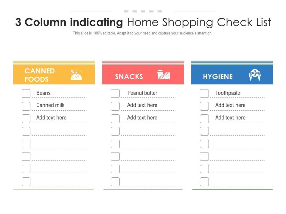 3 column indicating home shopping check list