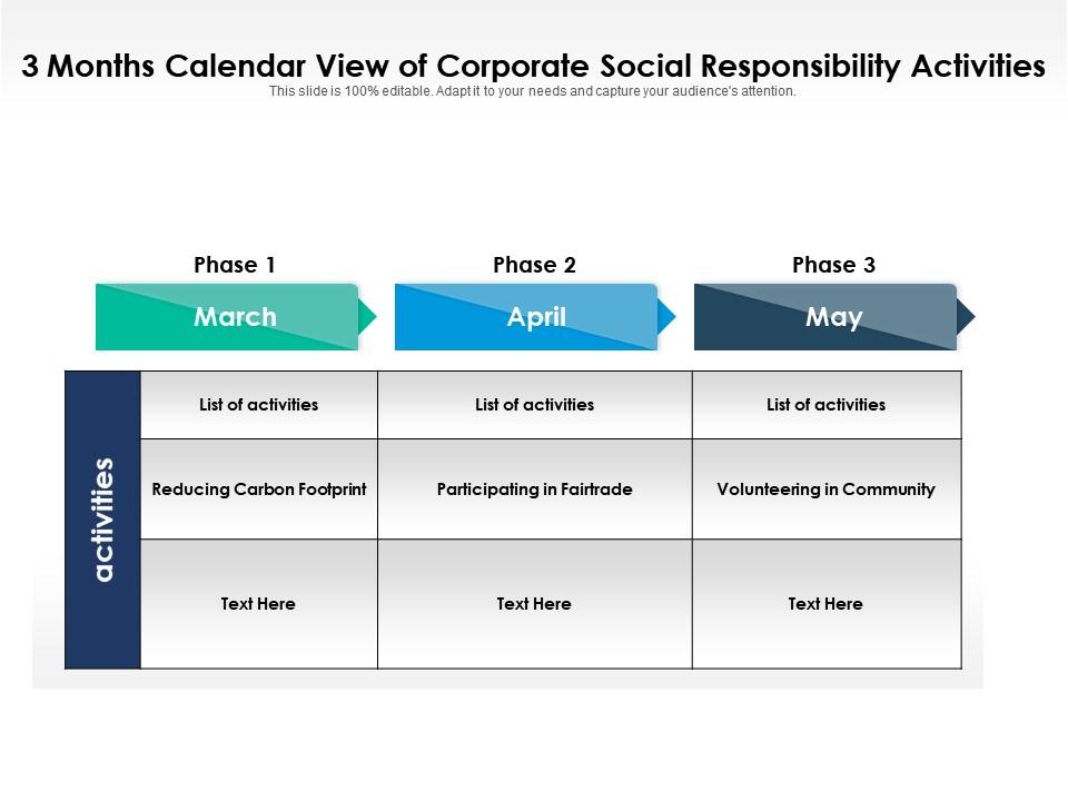 3 months calendar view of corporate social responsibility activities Slide01