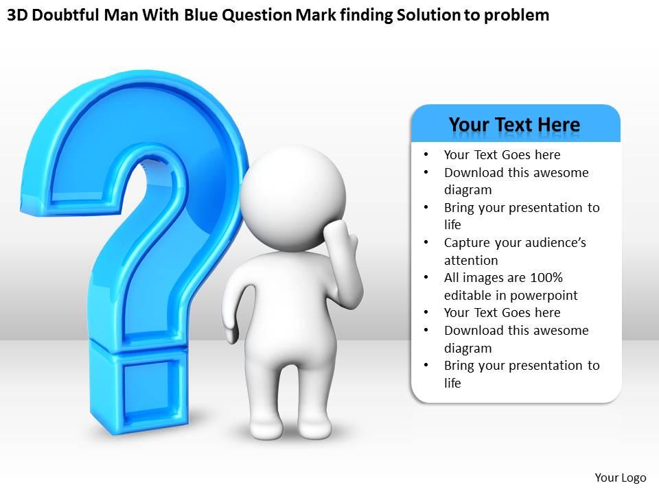 3d doubtful man with blue question mark finding solution to problem ppt graphic icon Slide01