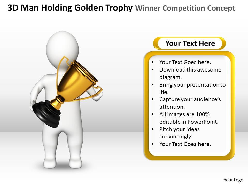 3d man holding golden trophy winner competition concept ppt graphics icons Slide01