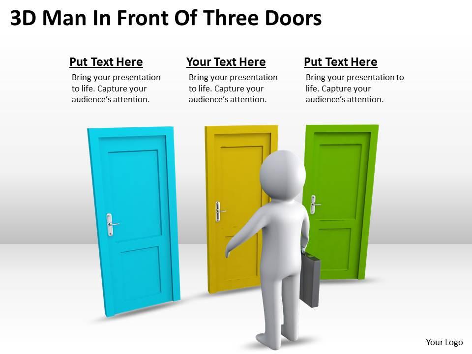 3d man in front of three doors ppt graphics icons Slide01