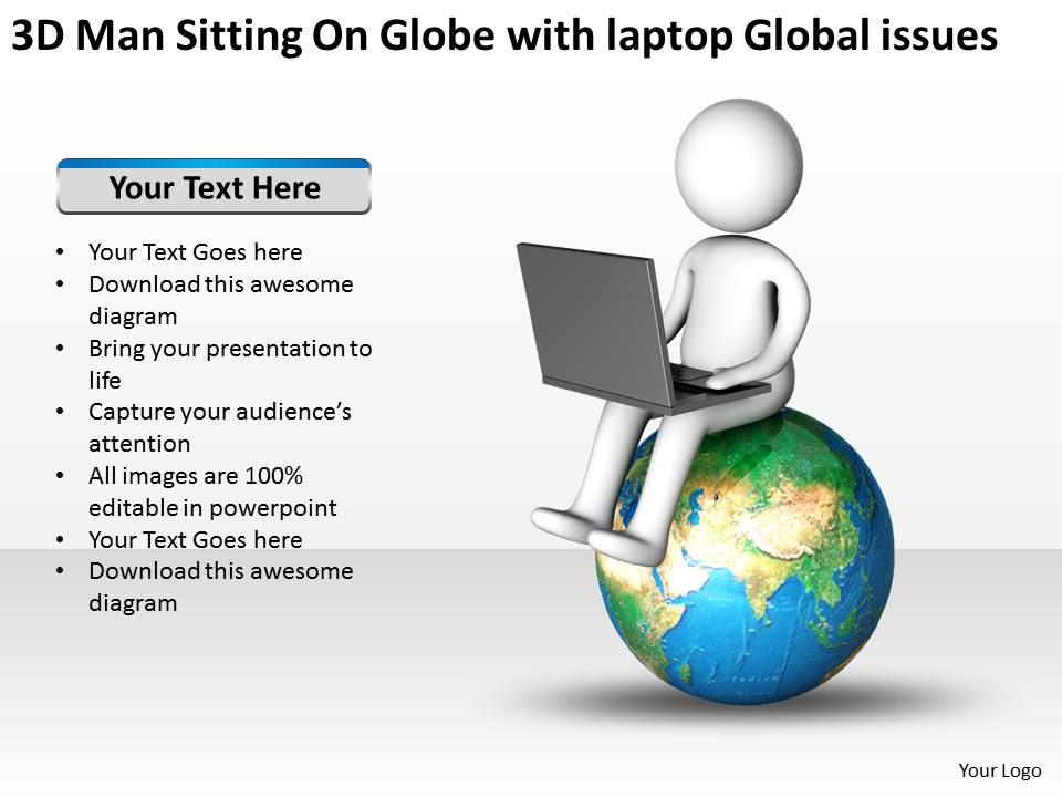 3d man sitting on globe with laptop global issues ppt graphics icons Slide01
