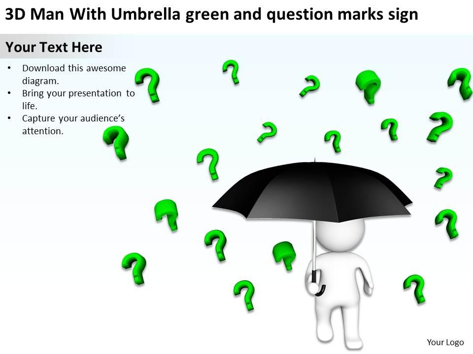 3d_man_with_umbrella_green_and_question_marks_sign_ppt_graphics_icons_Slide01