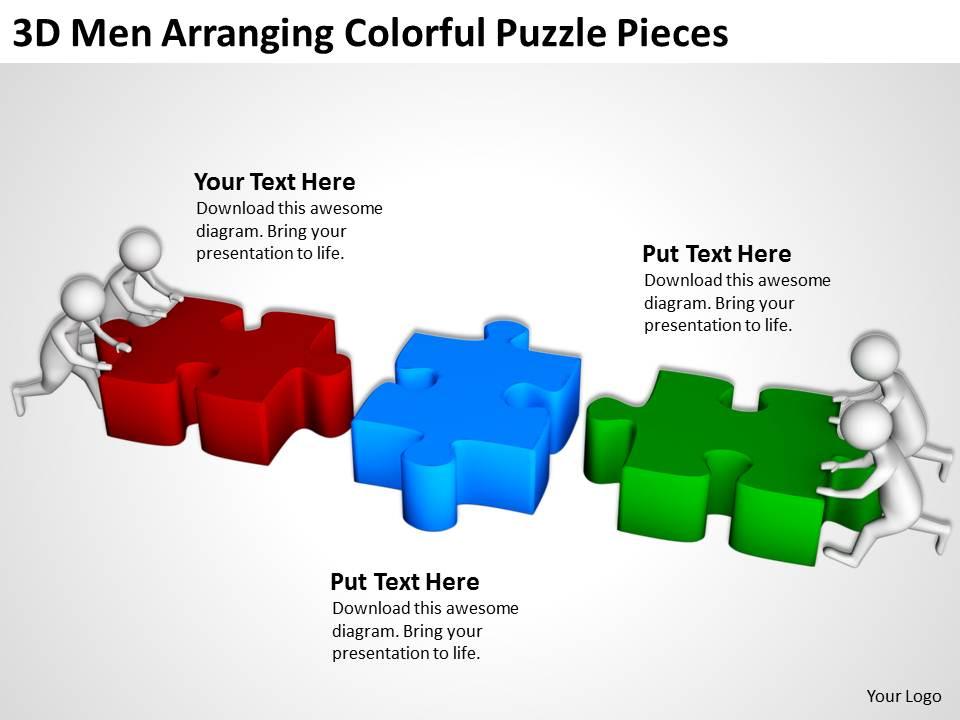 3d men arranging colorful puzzle pieces ppt graphics icons Slide01