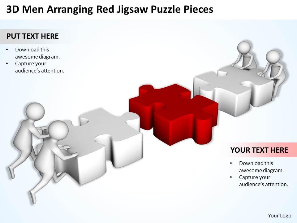 3d men arranging red jigsaw puzzle pieces ppt graphics icons powerpoint Slide01