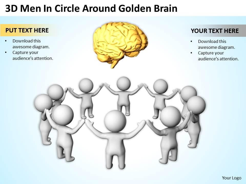 3d men in circle around golden brain ppt graphics icons powerpoint Slide01
