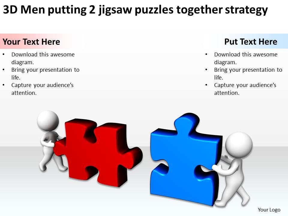 3d_men_putting_2_jigsaw_puzzles_together_strategy_ppt_graphics_icons_Slide01