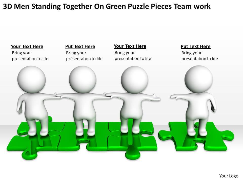 3d_men_standing_together_on_green_puzzle_pieces_team_work_ppt_graphics_icons_Slide01