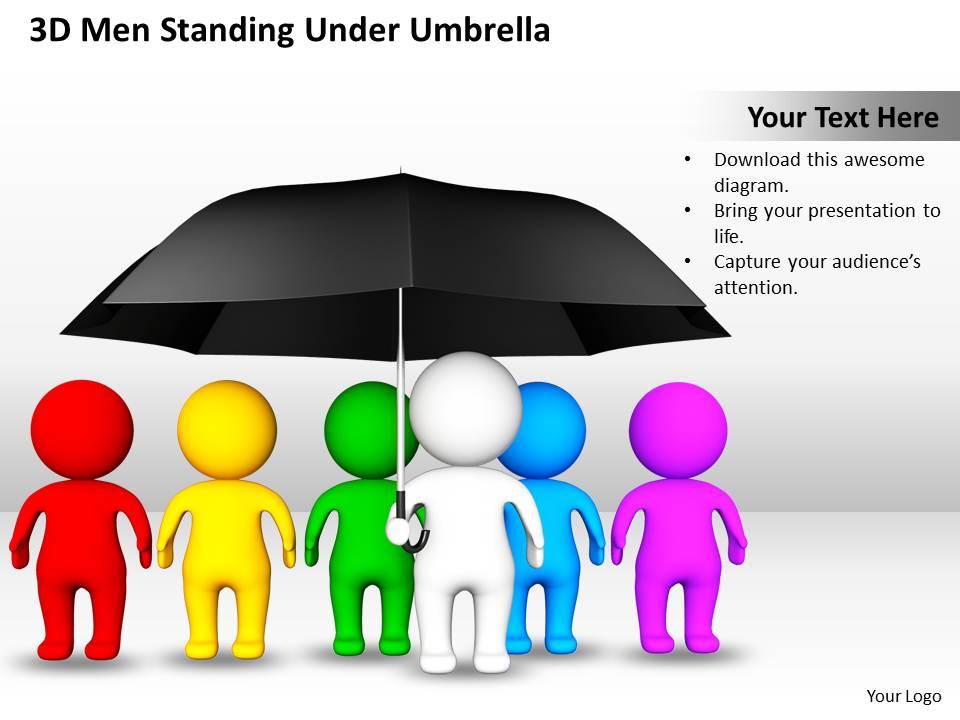 3d men standing under umbrella business team ppt graphics icons Slide00