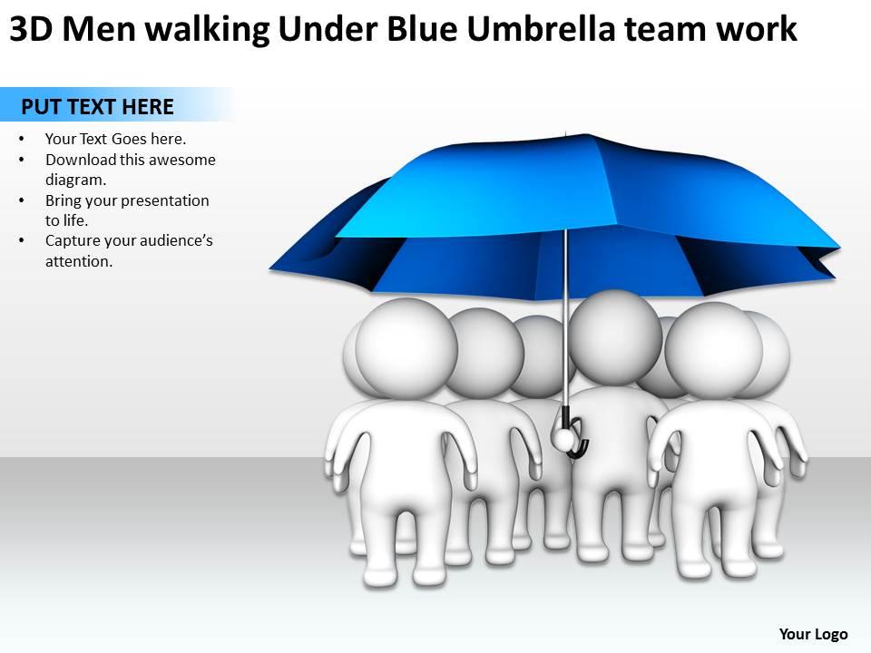 3d men walking under blue umbrella team work ppt graphic icon Slide01