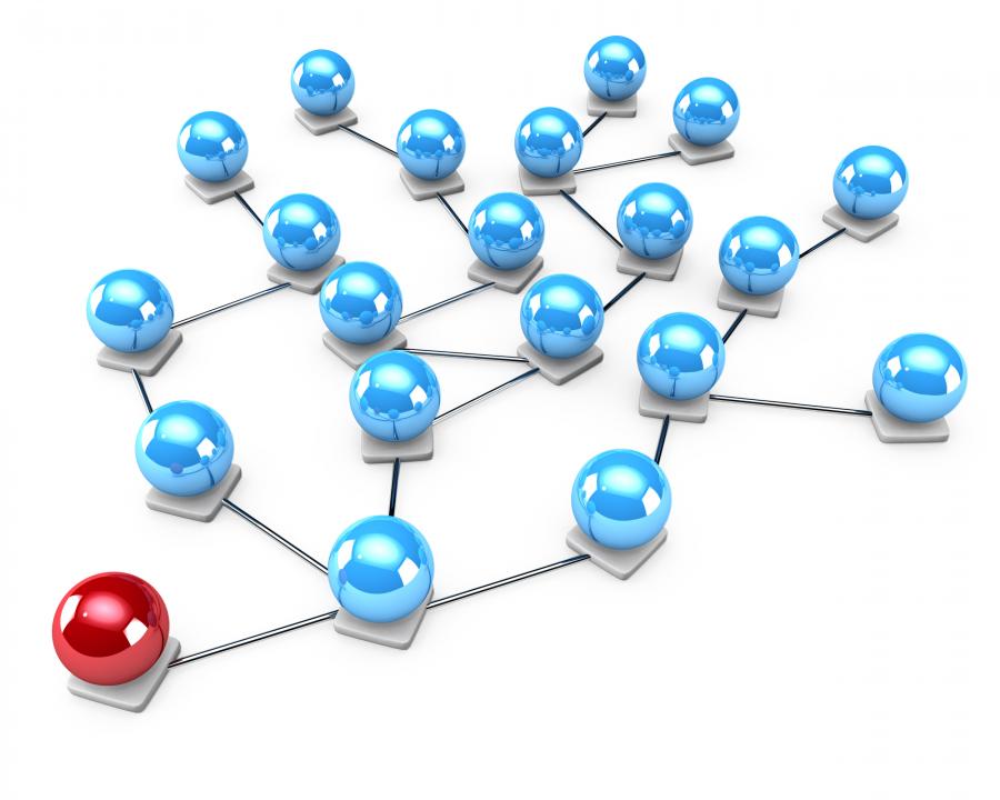 3d network graphic with blue balls and one red ball stock photo Slide01