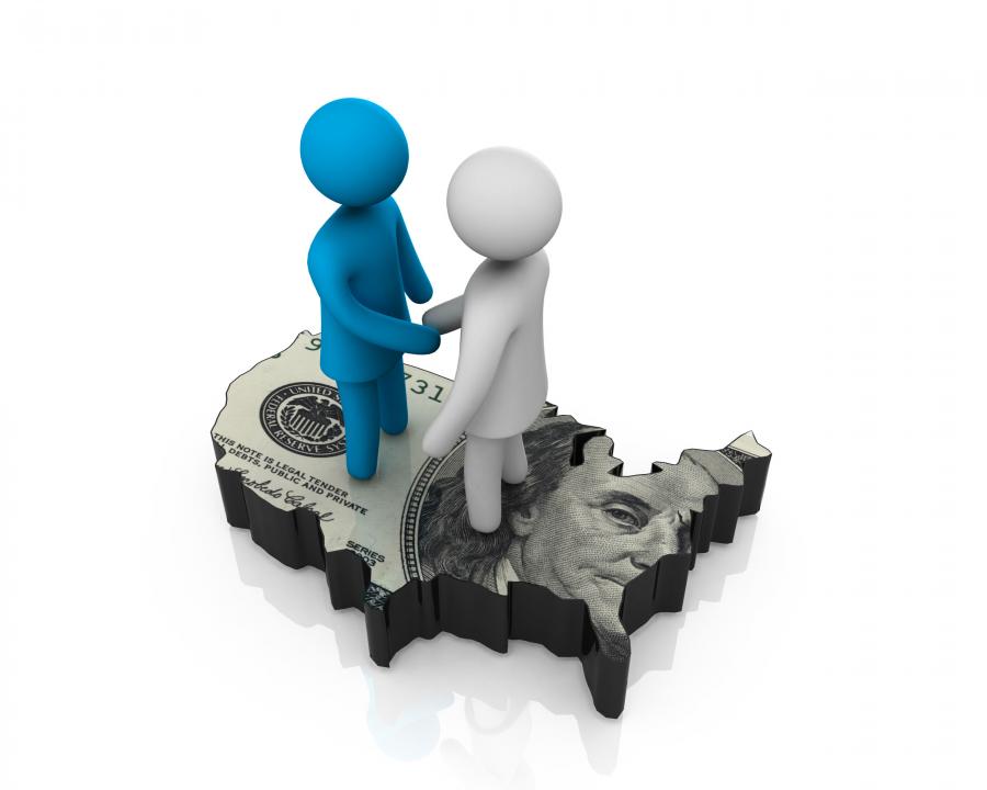3d people shaking hands over dollar puzzle stock photo Slide00