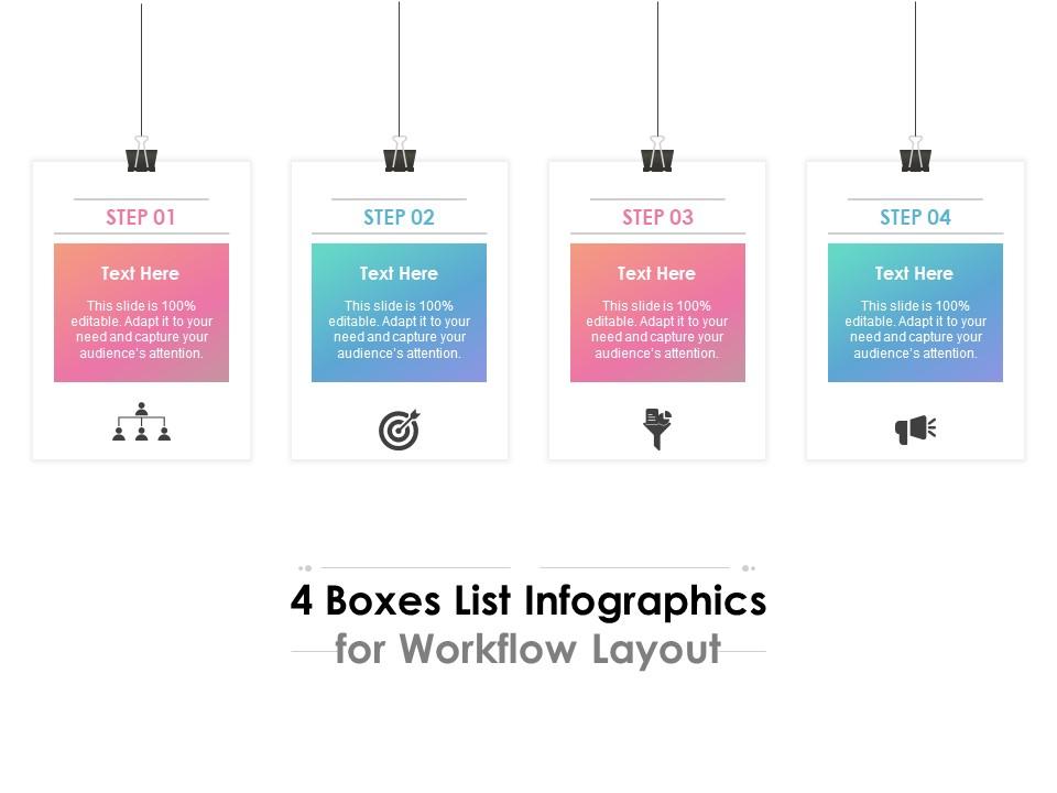 4 Boxes List Infographics For Workflow Layout PowerPoint Presentation