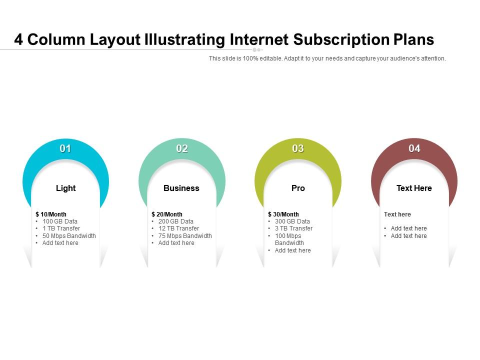 4 column layout illustrating internet subscription plans Slide00