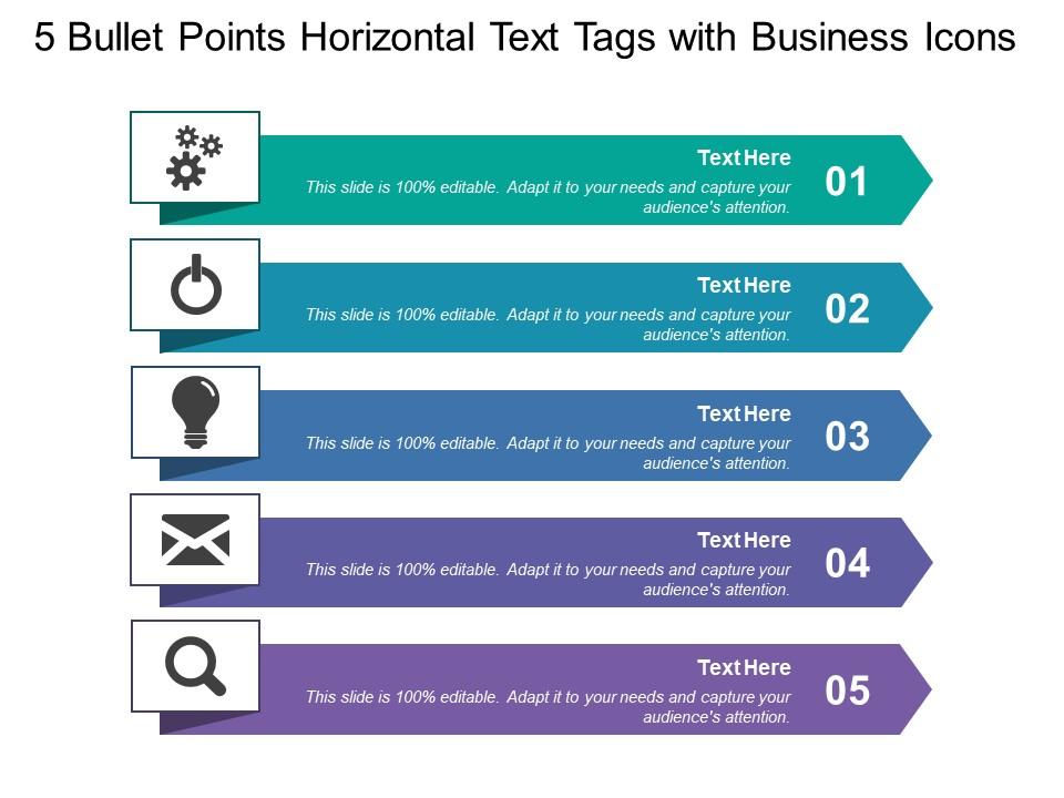 5 Bullet Points Horizontal Text Tags With Business Icons | PowerPoint ...